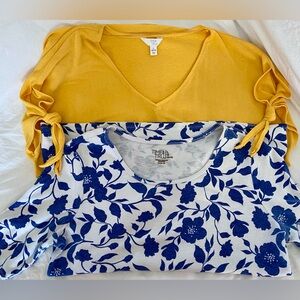 VGUC 2 piece Time and Tru Fun Tops Sz-12/14 Buttercup Yellow & Blue Floral Vines
